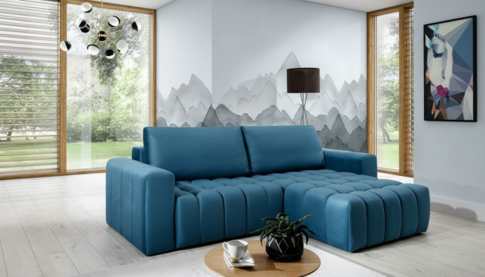 L-shaped sectional sofa in gray fabric, design couch, upholstery textile, modern suite