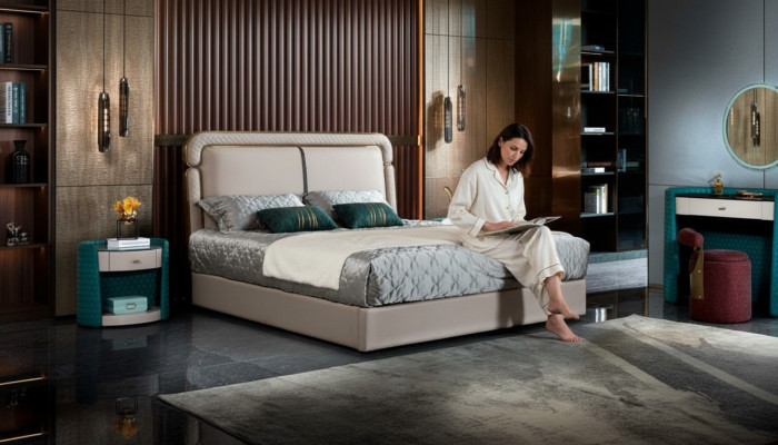 Bed 2x Nightstand Beige Bedroom Modern Design Furniture Wood Luxury