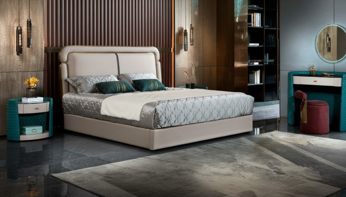 Bed 2x Nightstand Beige Bedroom Modern Design Furniture Wood Luxury