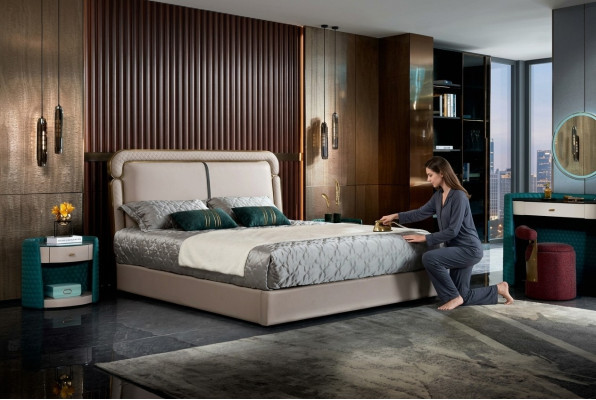 Bedroom set, console table, stool, nightstand, bed, bedroom furniture.