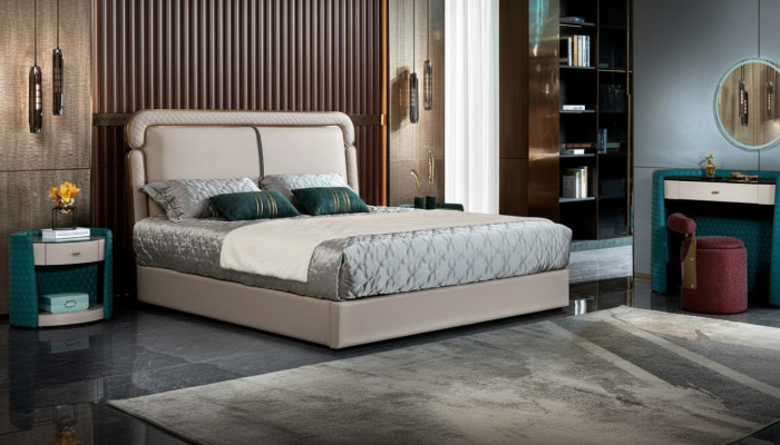 Bedroom set, console table, stool, nightstand, bed, bedroom furniture.
