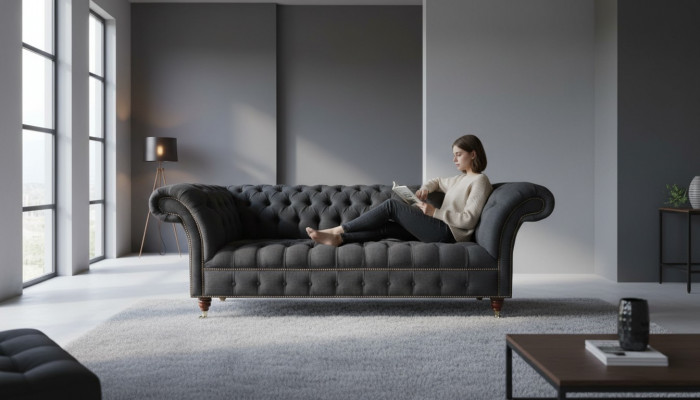 Chesterfield 3-seater Dark Gray Textile Modern Design Sofa Furniture Designer