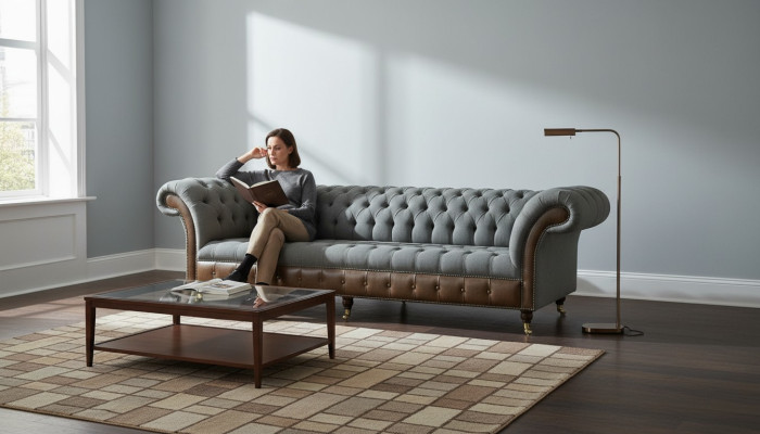 Chesterfield 4 Seater Gray Fabric Living Room Design Upholstered Sofa Large Textile Furniture