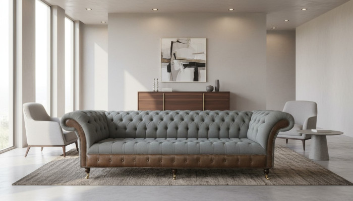 Chesterfield 4 Seater Gray Fabric Living Room Design Upholstered Sofa Large Textile Furniture
