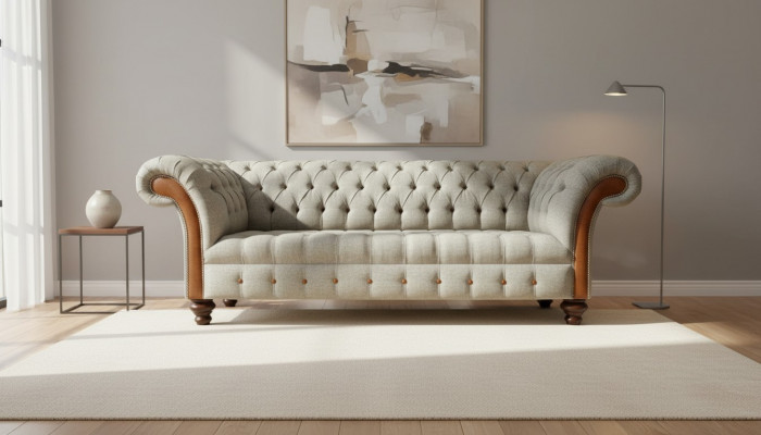 Chesterfield 3-seater beige living room design couches upholstered sofa sofas fabric