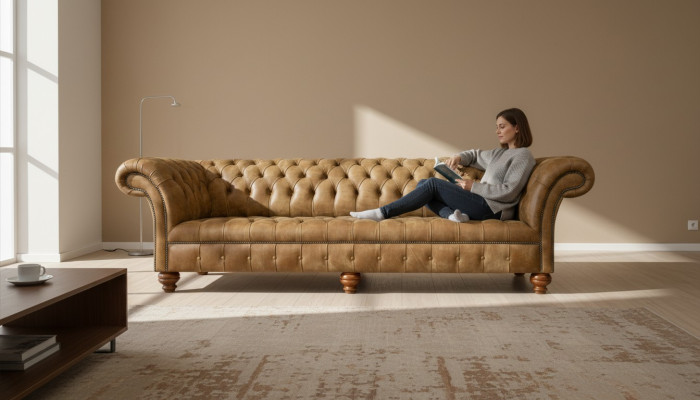 Chesterfield 4-seater light brown modern design leather sofas creative furniture