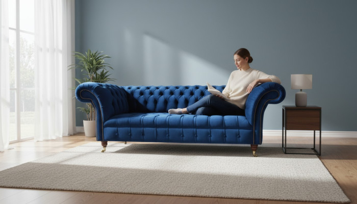 Chesterfield 3-Seater Blue Design Couches Upholstery Sofas Velvet Fabric Textile Luxury