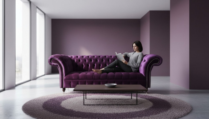 Chesterfield 3-Seater Violet Fabric Design Couch Upholstered Sofa New Textile