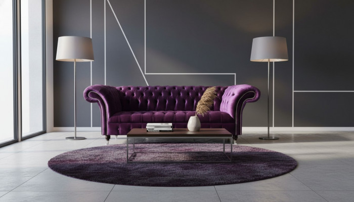 Chesterfield 3-Seater Violet Fabric Design Couch Upholstered Sofa New Textile