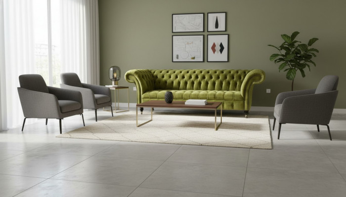 Chesterfield Green Three-Seater Living Room Design Couches Upholstered Sofa Textile New