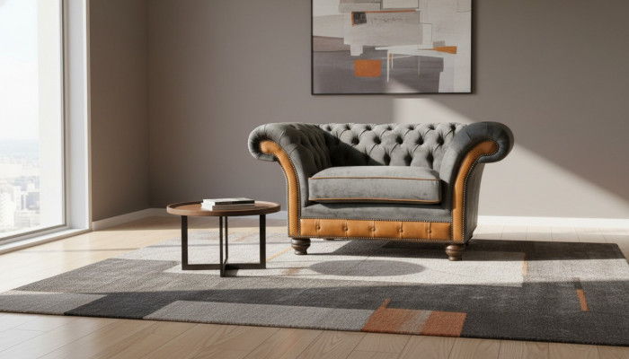 Chesterfield Armchair Fabric Textile Gray Living Room Design Luxury Upholstery New Modern