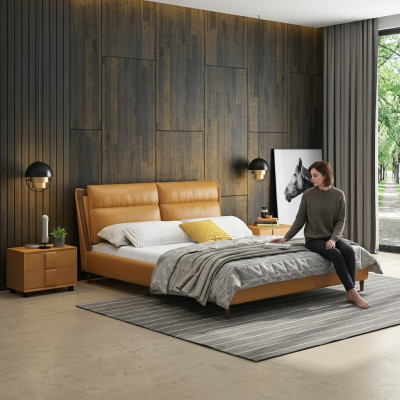 Design leather bed luxury upholstered beds double bedroom 180x200 orange furniture