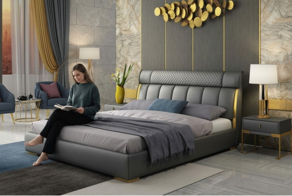 Modern gray leather bedroom with golden stainless steel inlays