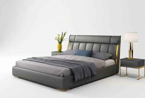 Modern gray leather bedroom with golden stainless steel inlays
