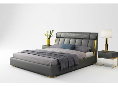 Modern gray leather bedroom with golden stainless steel inlays