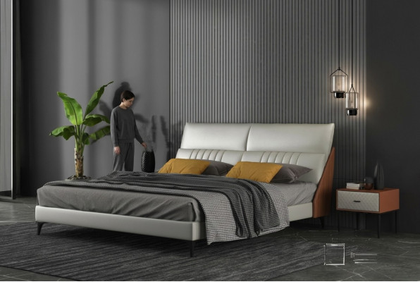 Designer bed in bedroom, beds textile, leather, hotel, luxury upholstery, velvet, white, new