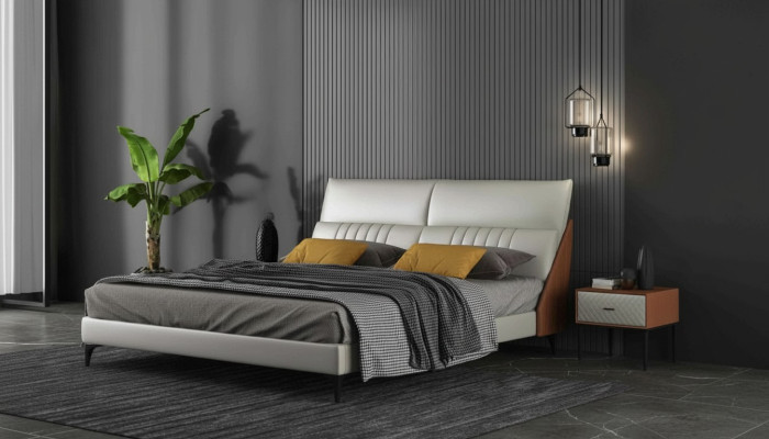 Designer bed in bedroom, beds textile, leather, hotel, luxury upholstery, velvet, white, new