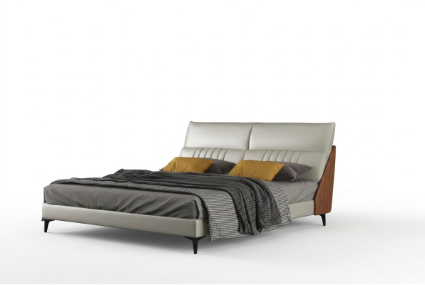 Designer bed in bedroom, beds textile, leather, hotel, luxury upholstery, velvet, white, new