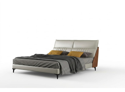 Designer bed in bedroom, beds textile, leather, hotel, luxury upholstery, velvet, white, new