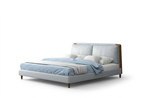 Modern double bed 180x200 in white leather design on wooden legs