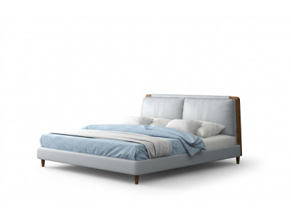 Modern double bed 180x200 in white leather design on wooden legs