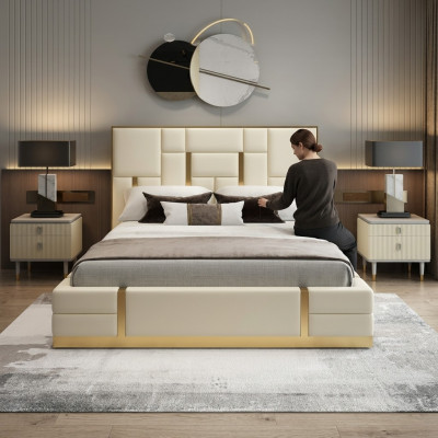 Modern luxury bed bedroom Italian leather upholstered double beds metal design.