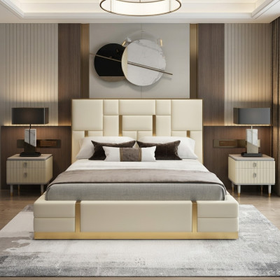 Modern luxury bed bedroom Italian leather upholstered double beds metal design.