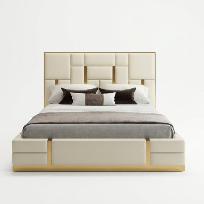 Modern luxury bed bedroom Italian leather upholstered double beds metal design.