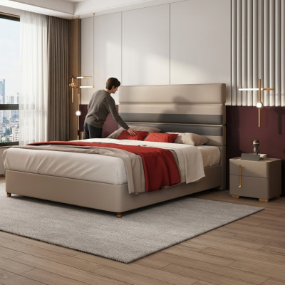 Leather Upholstered Bed Beds Hotel Luxury Designer Double Marriage Bedroom Beige