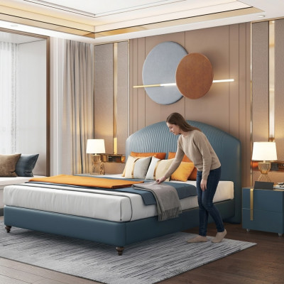Bed Pillow Design Luxury Metal Double Beds Marriage Bedroom Blue