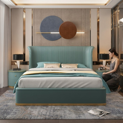 Luxury bedroom bed double bed textile wood leather upholstered beds 180x200 new