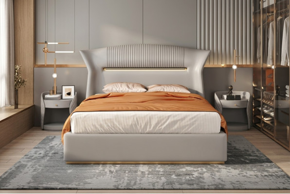 Gray leather bed design bedroom furniture double bed luxury hotel