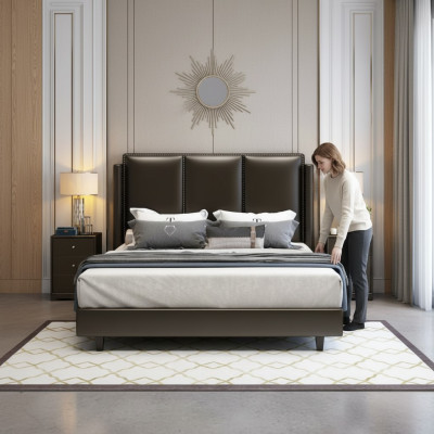 Modern style bed double bed bedroom leather upholstery textile double beds