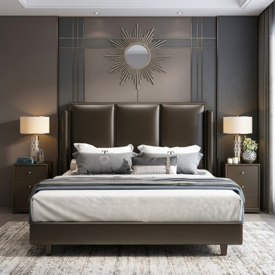 Modern style bed double bed bedroom leather upholstery textile double beds