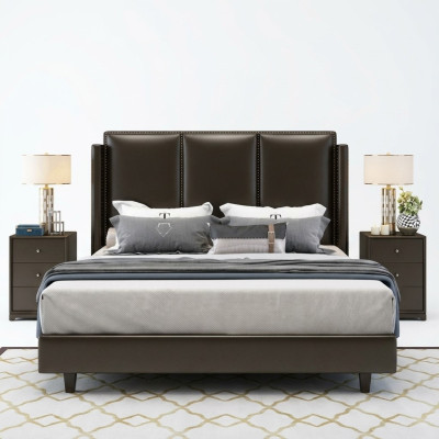 Modern style bed double bed bedroom leather upholstery textile double beds