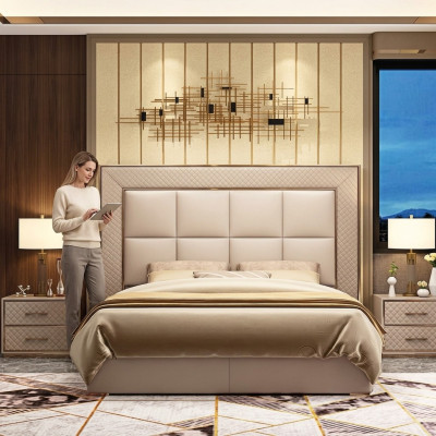 Classic upholstered leather faux leather double bed luxury design beds double