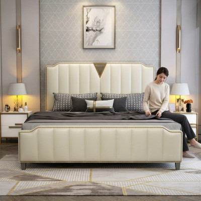 Designer bed 180x200 leather hotel metal beds decor double bedroom