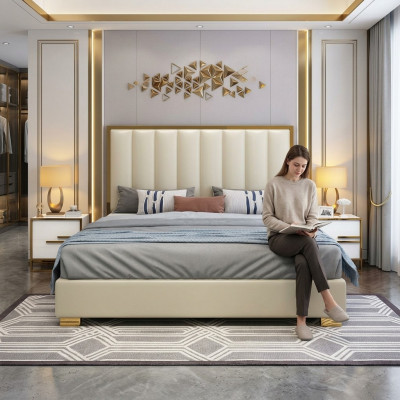 Bed Beds Wood Leather Upholstery Marriage Design Leather Hotel Box Spring Furniture