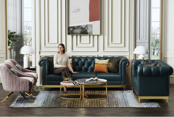 Dark blue Chesterfield 3+2 sofa set living room sofas upholstered couches