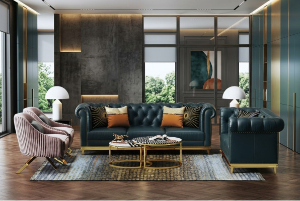 Dark blue Chesterfield 3+2 sofa set living room sofas upholstered couches