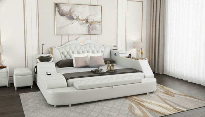 Luxury Bed Leather Beds 180x200 Multifunction Bedroom Lounger Shelves New