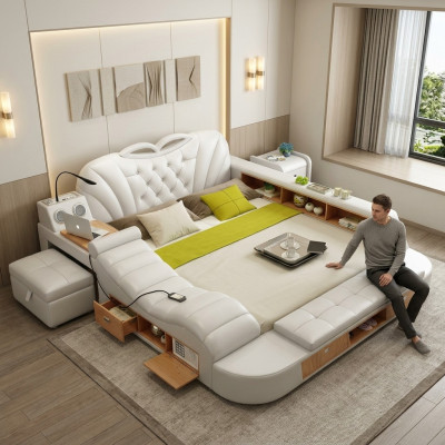 Double luxury design hotel leather bed upholstery modern beds multifunction
