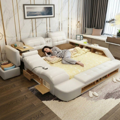 Double Design Leather Bed Upholstered Beds Modern Hotel Multifunction