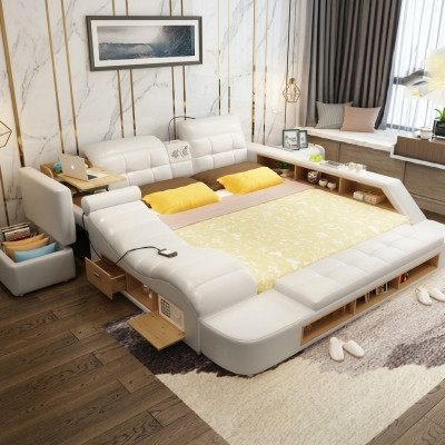 Double Design Leather Bed Upholstered Beds Modern Hotel Multifunction