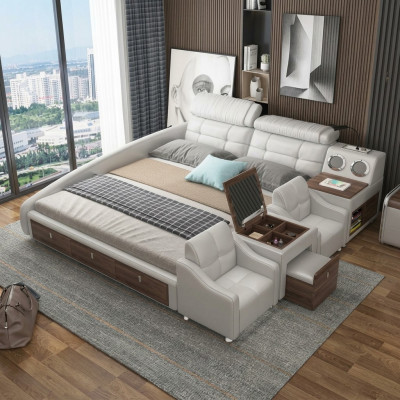 Multifunction Bed Luxury Design Leather Beds Hotel Double Storage Shelf