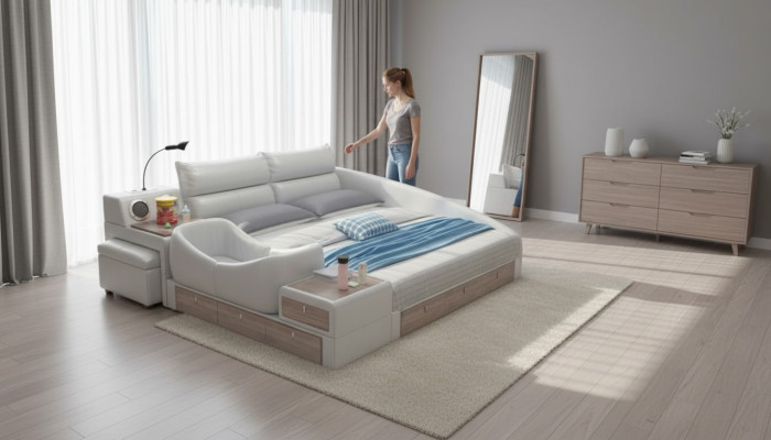 Bed Multifunction Shelf Wardrobe USB Charging Station Double Leather Beds