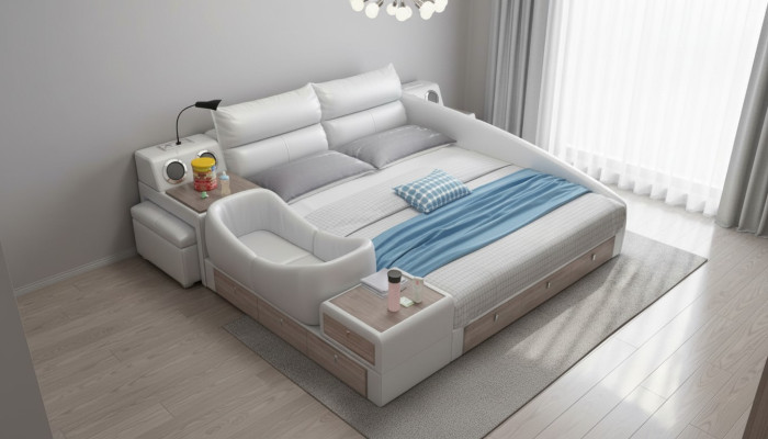 Bed Multifunction Shelf Wardrobe USB Charging Station Double Leather Beds