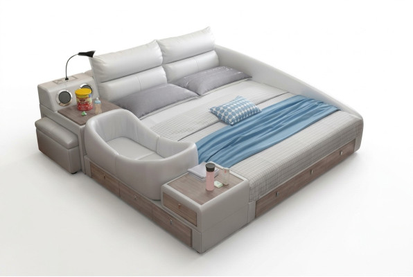 Bed Multifunction Shelf Wardrobe USB Charging Station Double Leather Beds