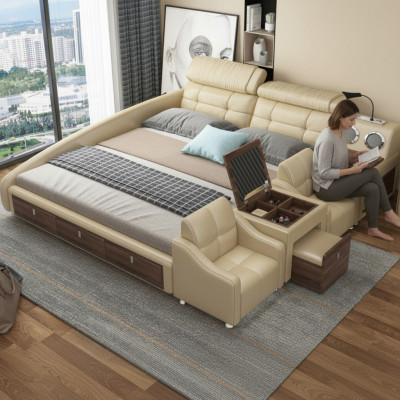 Leather bed, upholstered double multifunction 180x200 leather bed frame design