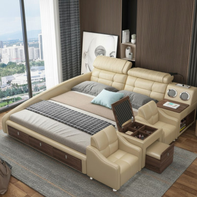Leather bed, upholstered double multifunction 180x200 leather bed frame design